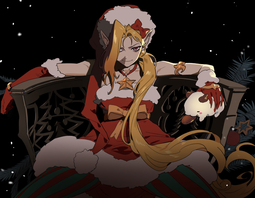 1girl absurdres ambitious_elf_jinx armlet asymmetrical_bangs bare_shoulders blonde_hair bow bracelet closed_mouth cowboy_shot dress elbow_gloves gloves hair_bow hat highres jewelry jinx_(league_of_legends) leaf league_of_legends long_hair looking_at_viewer night night_sky on_chair orange_bow outdoors panties plant pointy_ears ponytail poro_(league_of_legends) potted_plant red_bow red_dress red_eyes red_gloves santa_hat sidelocks single_elbow_glove sitting sky sleeveless smile solo spread_legs star_(symbol) striped striped_panties underwear very_long_hair zaket07