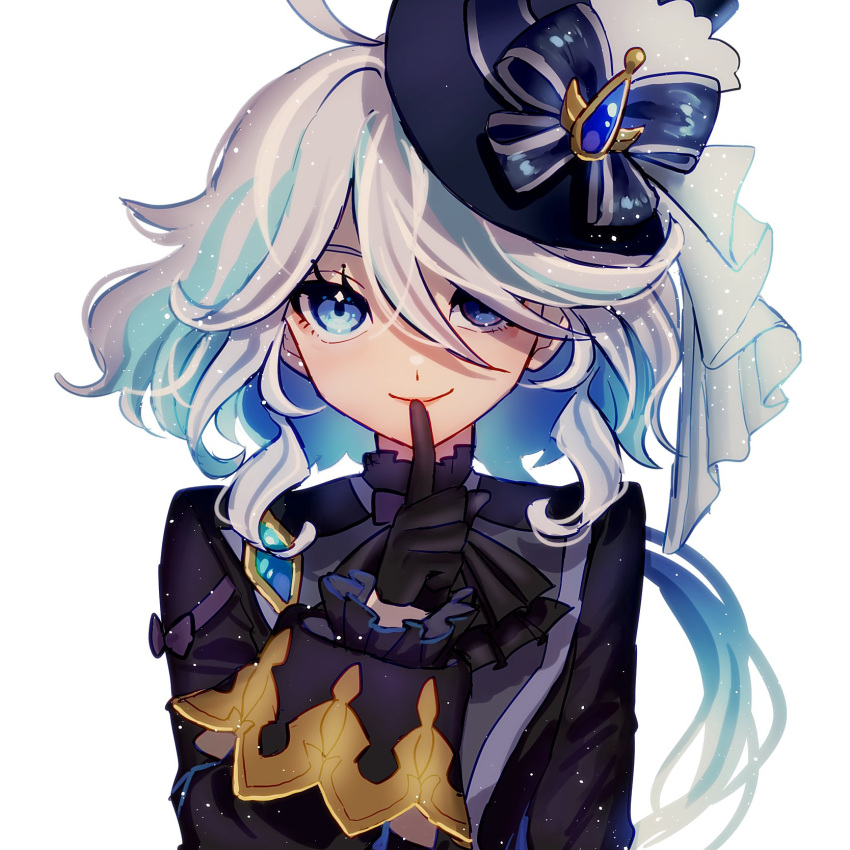 1girl ahoge ascot black_gloves blue_eyes blue_gemstone blue_hair blue_headwear blue_jacket closed_mouth esu_(tasoesu) finger_to_mouth furina_(genshin_impact) gem genshin_impact gloves hair_between_eyes hat highres index_finger_raised jacket light_blue_hair long_hair long_sleeves looking_at_viewer multicolored_hair shushing simple_background smile solo top_hat upper_body white_background white_hair