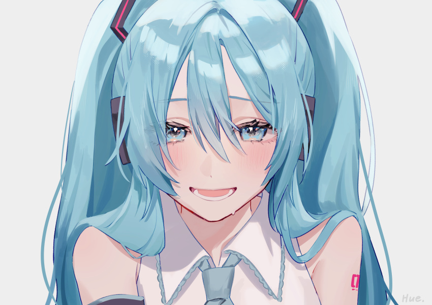 1girl absurdres aqua_eyes aqua_hair arm_tattoo artist_name blush commentary_request grey_background hair_between_eyes happy hatsune_miku headphones highres hue_0813 long_hair looking_at_viewer necktie open_mouth shirt signature simple_background sleeveless sleeveless_shirt smile tattoo tears teeth twintails upper_teeth_only vocaloid