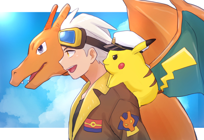 1boy :d brown_jacket captain_pikachu charizard clothed_pokemon clouds commentary_request friede_(pokemon) from_side goggles goggles_on_head highres jacket male_focus mochi_(mocchi_p_2m) open_mouth pikachu pokemon pokemon_(anime) pokemon_(creature) pokemon_horizons shirt sky smile teeth upper_body upper_teeth_only white_hair yellow_eyes