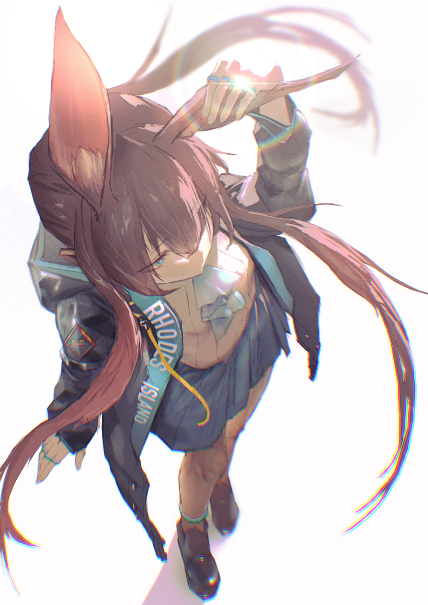 1girl absurdres amiya_(arknights) animal_ears anklet arknights ascot black_footwear black_jacket blue_ascot blue_eyes blue_skirt brown_hair extra_ears from_above hair_between_eyes hand_up highres hood hooded_jacket jacket jewelry long_hair long_sleeves multiple_rings neg_(101neg) open_clothes open_jacket pleated_skirt rabbit_ears rabbit_girl ring shirt shoes simple_background skirt solo standing white_background white_shirt