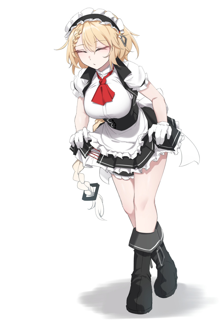 1girl absurdres alternate_costume apron ascot black_footwear blonde_hair boots braid braided_bangs breasts character_request closed_eyes crossed_legs english_commentary enmaided g36_(girls'_frontline) girls_frontline gloves hair_between_eyes highres k0ng large_breasts long_braid long_hair maid maid_apron maid_headdress medium_breasts red_ascot short_sleeves solo watson_cross white_background white_gloves