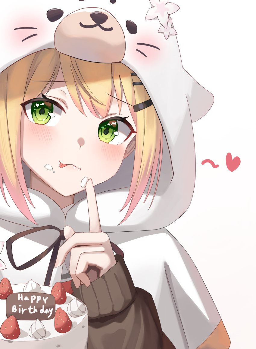 1girl a.l_(dpdldpf) absurdres animal_hood blonde_hair blush cake commentary_request flower food food_on_face fruit hair_ornament hairclip hairpin happy_birthday highres hololive hood index_finger_raised korean_commentary momosuzu_nene multicolored_hair pink_hair portrait seal_hood sleeves_past_wrists solo strawberry streaked_hair tongue tongue_out two-tone_hair virtual_youtuber