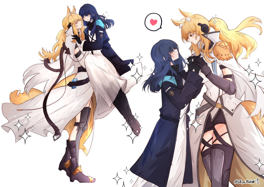 2girls :d animal_ear_fluff animal_ears arknights armor armored_boots arya_melati black_coat black_gloves blonde_hair blue_eyes blue_hair blush boots breasts carrying closed_mouth coat collared_coat doctor_(arknights) dress female_doctor_(arknights) gauntlets gloves headset heart high_heels highres holding_hands hood hood_down hooded_coat horse_ears horse_girl horse_tail implied_extra_ears interlocked_fingers long_hair long_sleeves looking_at_another medium_breasts multiple_girls multiple_views nearl_(arknights) nearl_the_radiant_knight_(arknights) no_mask orange_eyes parted_lips ponytail princess_carry signature simple_background smile sparkle spoken_heart tail twitter_username white_background white_coat white_dress yuri