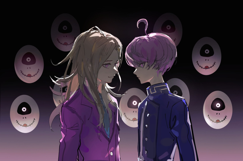 2boys absurdres ahoge binxngchng1 blonde_hair blue_jacket blue_necktie closed_mouth collared_shirt commentary english_commentary from_side gradient_background highres jacket long_hair long_sleeves looking_at_another makoto_kagutsuchi male_focus mask mask_removed master_detective_archives:_rain_code multiple_boys necktie profile purple_hair purple_jacket shirt short_hair smile spoilers upper_body violet_eyes white_shirt yuma_kokohead