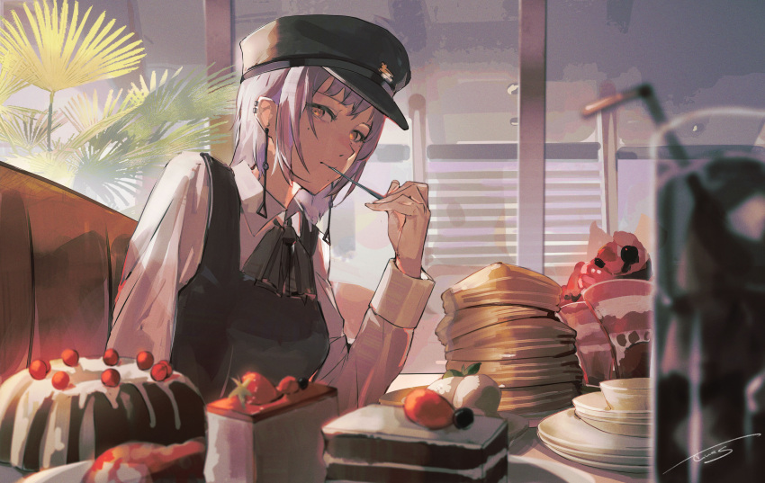 1girl absurdres brown_eyes bundt_cake cake cake_slice chainsaw_man diner dress earrings fami_(chainsaw_man) food fourth_east_high_school_uniform grey_hair hat highres holding holding_spoon jewelry looking_at_viewer military_hat mole mole_under_eye mole_under_mouth multiple_moles pancake pancake_stack pinafore_dress school_uniform seies_ss short_hair sleeveless sleeveless_dress solo spoon strawberry_parfait strawberry_shortcake tassel tassel_earrings