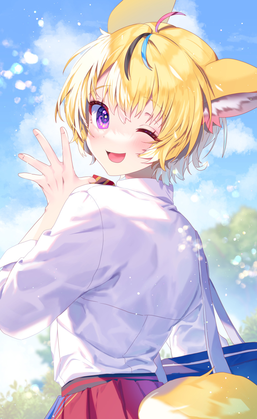1girl absurdres alternate_costume animal_ear_fluff animal_ears blonde_hair blue_bag blue_sky blurry blush clouds commentary_request day depth_of_field fox_ears fox_girl fox_tail highres hololive kio_is_here long_sleeves looking_at_viewer looking_back omaru_polka one_eye_closed outdoors pink_eyes pleated_skirt red_skirt shirt shirt_tucked_in short_hair skirt sky smile solo star_(symbol) star_in_eye symbol_in_eye tail upper_body virtual_youtuber white_shirt