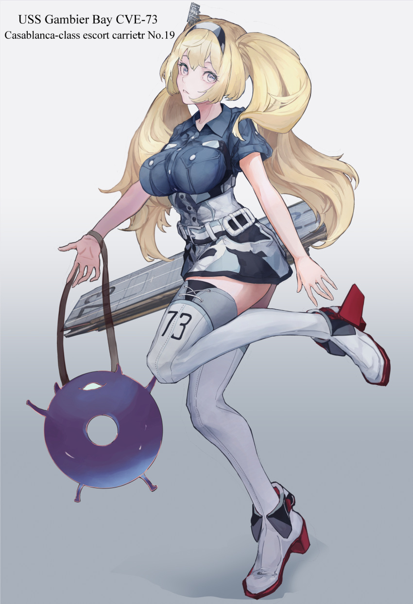 1girl 1other absurdres belt blonde_hair blue_eyes blue_shirt boots breast_pocket breasts character_name collared_shirt enemy_lifebuoy_(kancolle) english_text engrish_text fasuka from_side full_body gambier_bay_(kancolle) gradient_background grey_background hairband highres kantai_collection large_breasts pocket ranguage shirt simple_background skirt thigh_boots twintails white_background