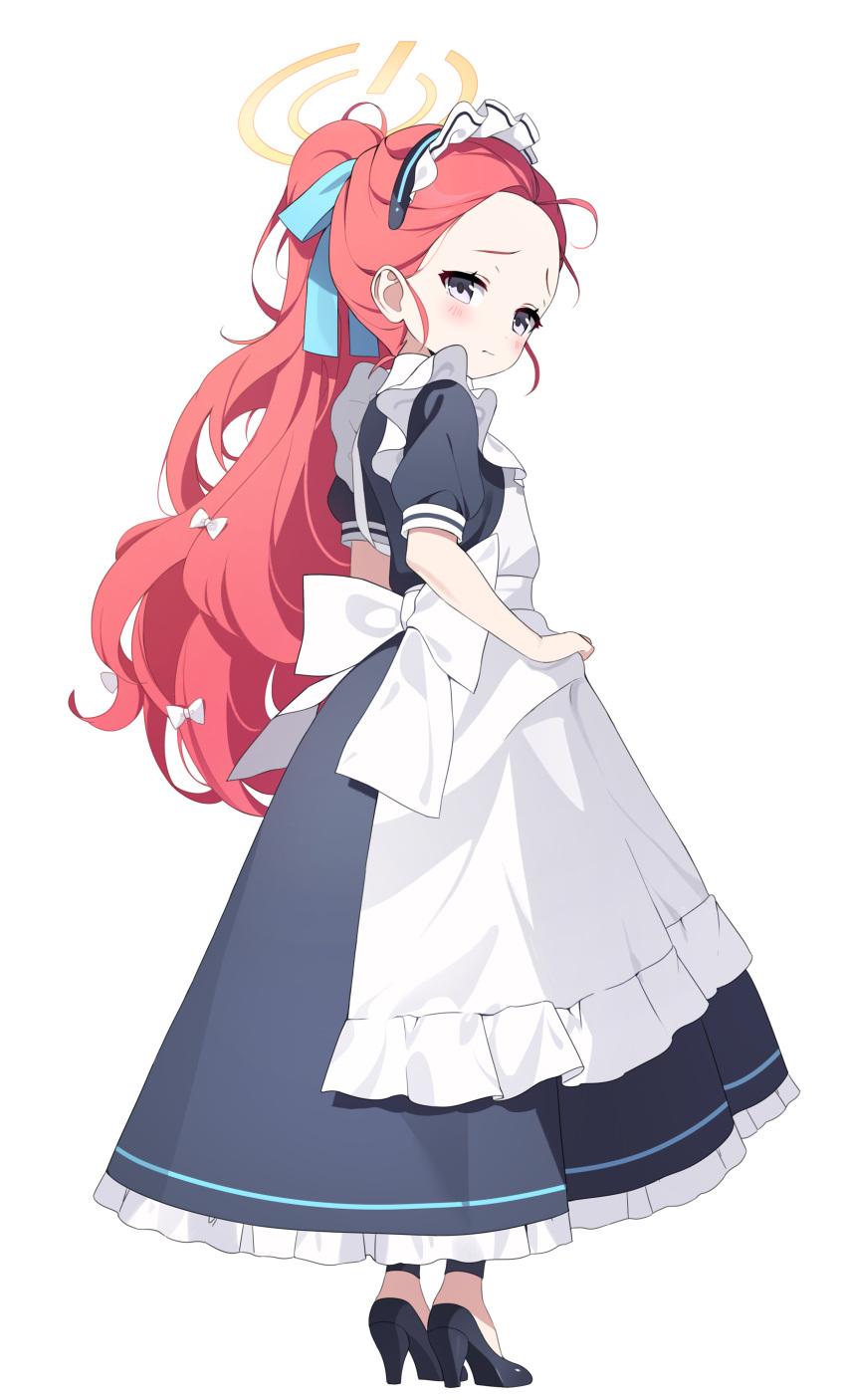 1girl absurdres apron back_bow black_dress black_footwear blue_archive blue_ribbon blush bow closed_mouth commentary dress eyelashes facing_away forehead frilled_apron frills from_behind full_body gogoco hair_bow hair_ribbon halo high_heels high_ponytail highres long_hair looking_at_viewer looking_back maid maid_apron maid_headdress multiple_hair_bows official_alternate_costume ponytail power_symbol puffy_short_sleeves puffy_sleeves raised_eyebrows redhead ribbon shoes short_sleeves simple_background solo standing very_long_hair violet_eyes wavy_mouth white_apron white_background white_bow yuzu_(blue_archive) yuzu_(maid)_(blue_archive)