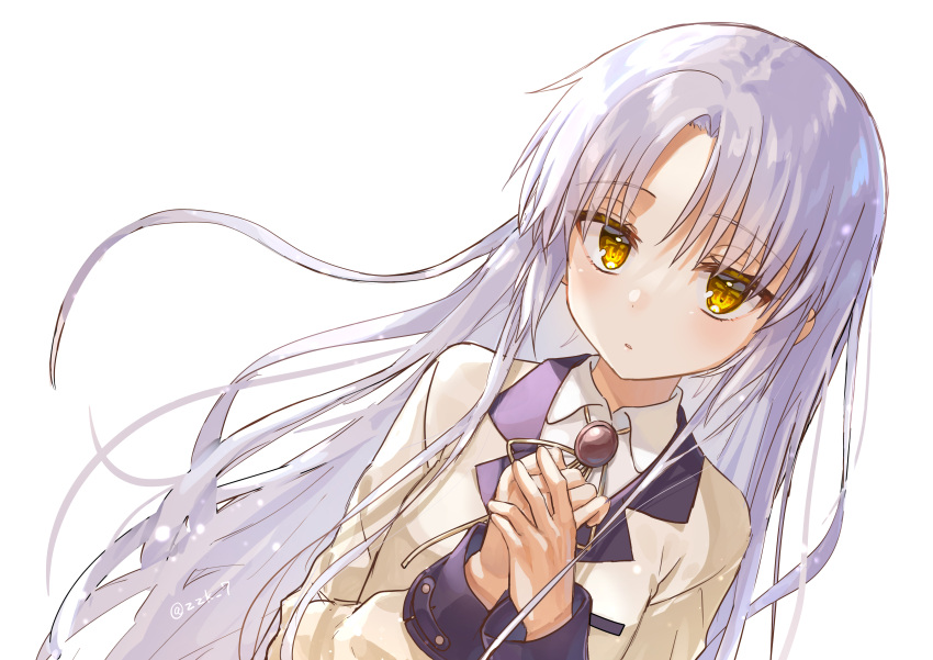 1girl absurdres angel_beats! blush colored_eyelashes commentary_request dutch_angle expressionless eyelashes eyes_visible_through_hair floating_hair hair_between_eyes hands_up highres jacket long_hair long_sleeves looking_at_viewer neck_ribbon own_hands_together parted_bangs parted_lips ribbon school_uniform sidelocks simple_background solo straight_hair tachibana_kanade twitter_username upper_body very_long_hair white_background white_hair yellow_eyes yellow_jacket yellow_ribbon zuzuhashi