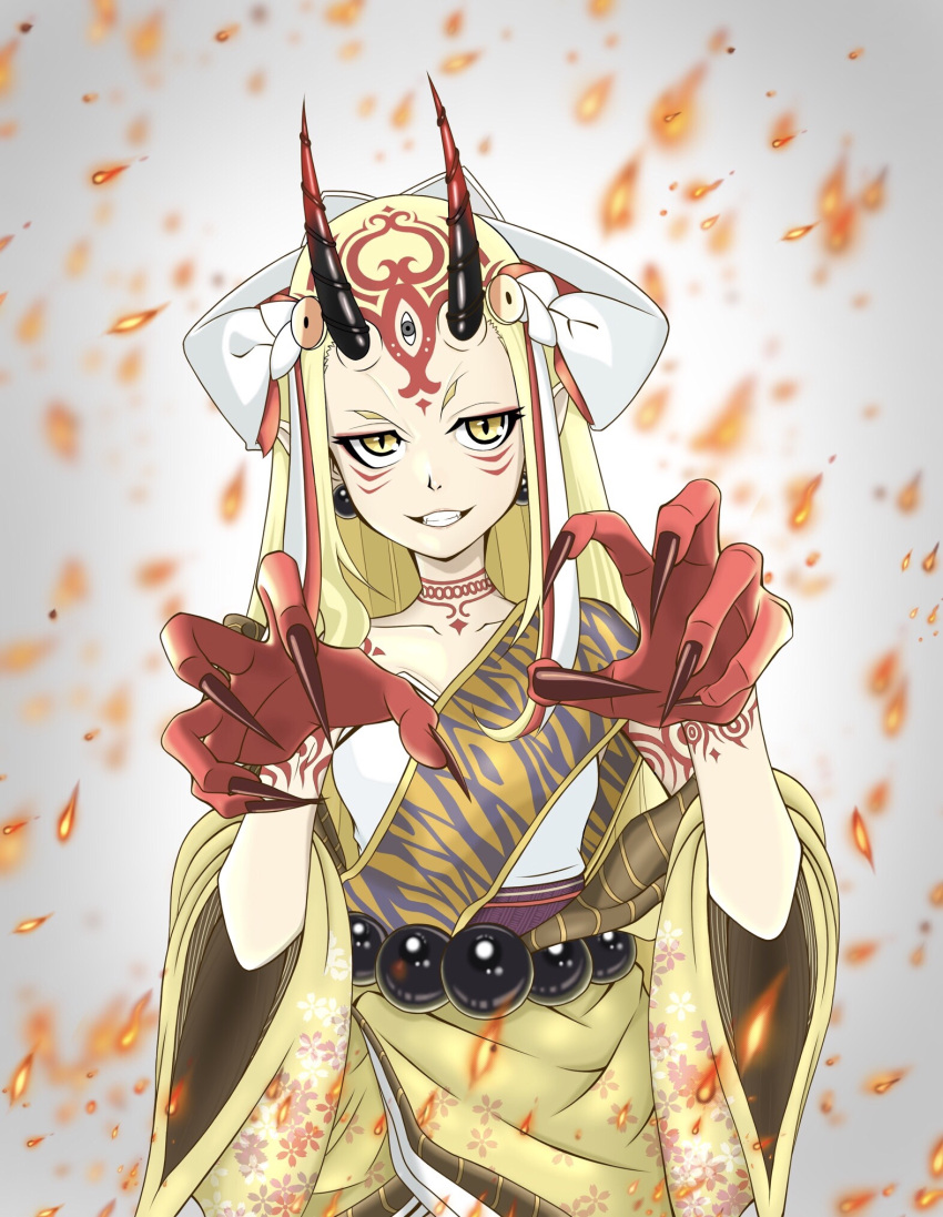 1girl arm_tattoo bad_id bad_pixiv_id bare_shoulders blonde_hair blurry blurry_background claw_pose claws collarbone commentary earrings embers facial_mark fate/grand_order fate_(series) fingernails floral_print grin hair_ornament half-closed_eyes hand_tattoo highres horns ibaraki_douji_(fate) japanese_clothes jewelry kimono lips long_hair neck_tattoo off_shoulder oni oni_horns sharp_fingernails shoui simple_background slit_pupils smile solo straight-on tattoo teeth upper_body white_background wide_sleeves yellow_eyes yellow_kimono