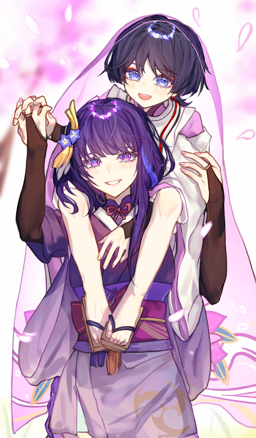 1boy 1girl absurdres baibaige1108 blue_eyes blue_hair blunt_bangs blurry blurry_background carrying cherry_blossoms dark_blue_hair falling_petals genshin_impact hair_ornament happy highres holding holding_hands japanese_clothes light_blush long_hair mole mole_under_eye mother_and_son open_mouth outdoors petals piggyback purple_hair raiden_shogun scaramouche_(genshin_impact) scaramouche_(kabukimono)_(genshin_impact) smile violet_eyes