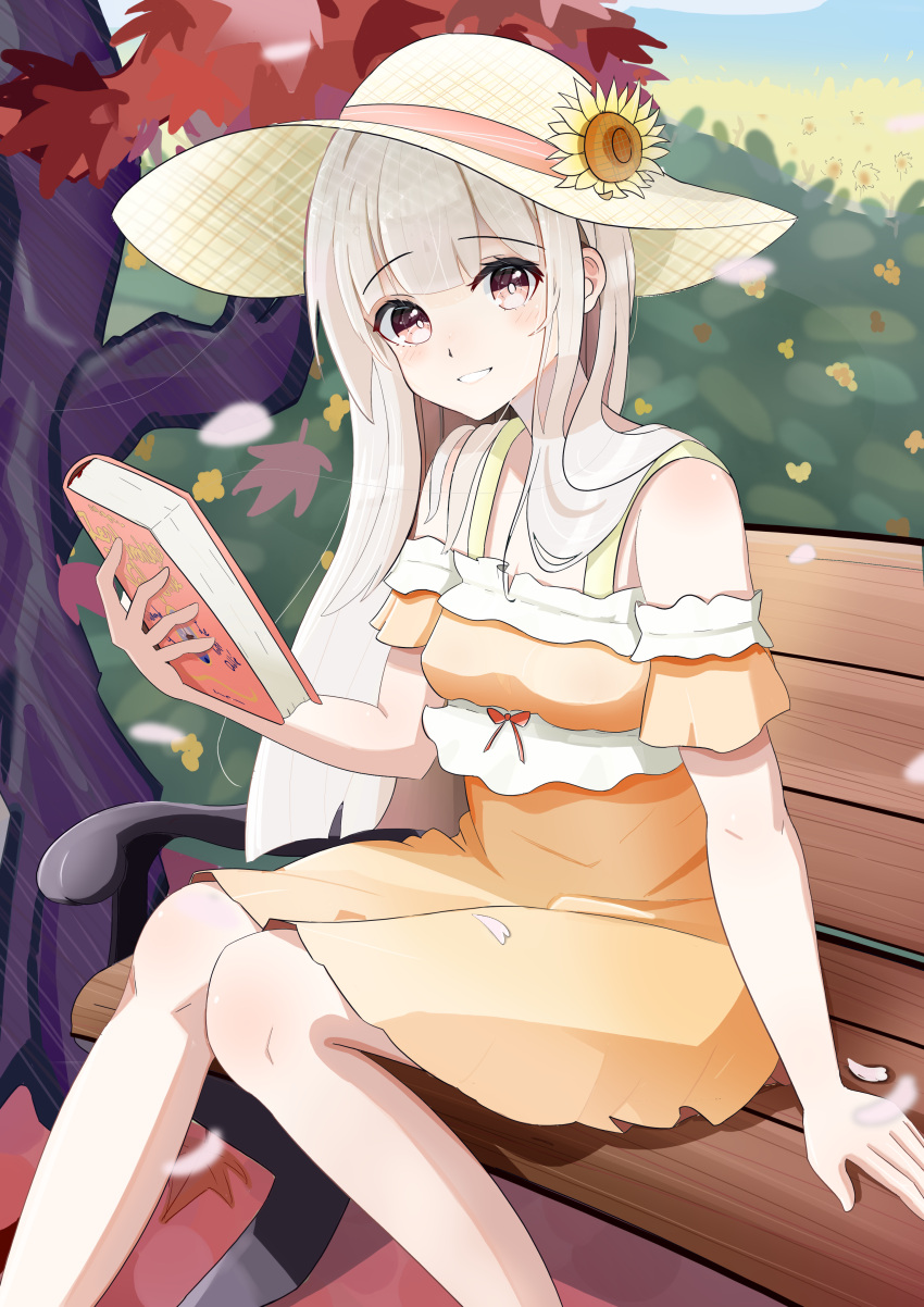 1girl absurdres bench book cherry_blossoms clanel_de_wargham dress flower frills hat hat_ribbon highres holding holding_book light_smile long_hair looking_at_viewer maple_tree non-web_source orange_dress orange_eyes original osmanthus red_ribbon ribbon sitting sitting_on_bench solo sun_hat sunflower tagme tree white_hair