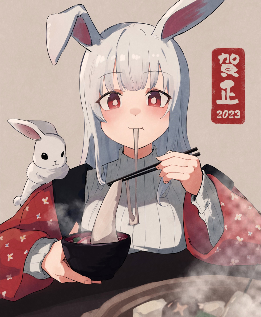 1girl 2023 absurdres animal_ears bowl breasts chinese_zodiac chopsticks eating food grey_background grey_hair hanten_(clothes) haramaki_(haranomaki) highres holding holding_bowl holding_chopsticks japanese_clothes large_breasts long_hair long_sleeves looking_at_viewer new_year original rabbit rabbit_ears rabbit_girl red_eyes ribbed_sweater simple_background solo steam sweater turtleneck turtleneck_sweater white_sweater year_of_the_rabbit