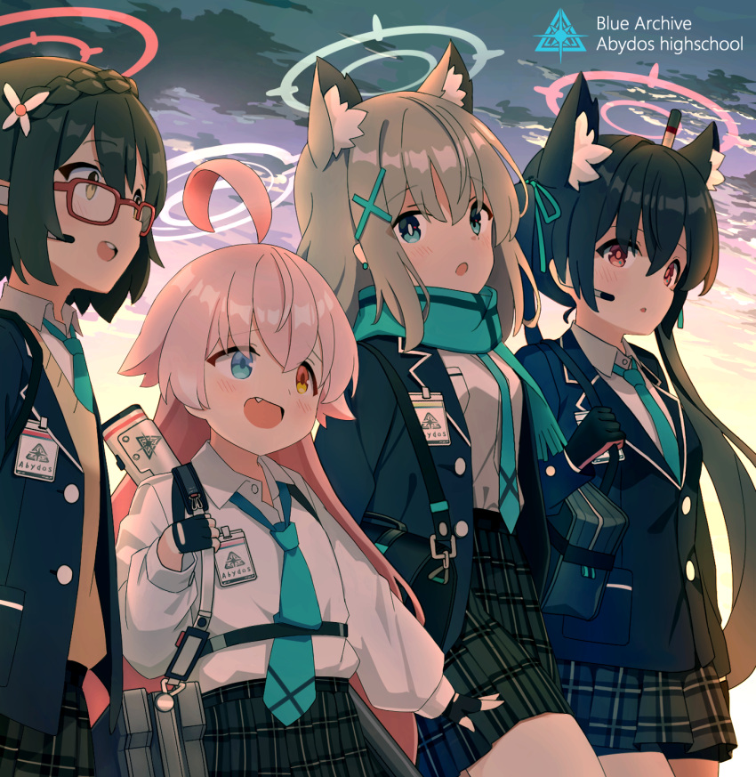 4girls ahoge animal_ear_fluff animal_ears ayane_(blue_archive) black_gloves black_hair blue_archive blue_eyes blue_halo blue_jacket blue_necktie blue_scarf cat_ears clouds cloudy_sky commentary_request cowboy_shot earrings facing_viewer fang fingerless_gloves foreclosure_task_force_(blue_archive) glasses gloves grey_hair halo heterochromia highres hoshino_(blue_archive) jacket jewelry long_hair multiple_girls necktie nomio open_clothes open_jacket open_mouth pink_halo plaid plaid_skirt pleated_skirt red-framed_eyewear red_eyes red_halo scarf serika_(blue_archive) shiroko_(blue_archive) shirt shirt_tucked_in skirt sky smile stud_earrings sunset twintails white_shirt wolf_ears yellow_eyes