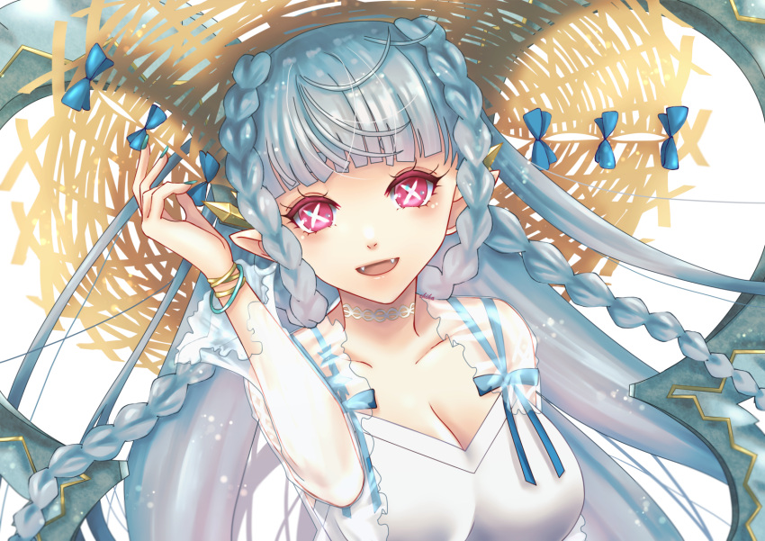 1girl blue_hair breasts copyright_request fate/grand_order fate_(series) green_horns hair_on_horn hat highres holding holding_clothes holding_hat large_breasts large_horns long_hair looking_at_viewer pink_hair pointy_ears ribbon smile straw_hat tiamat_(fate) white_background