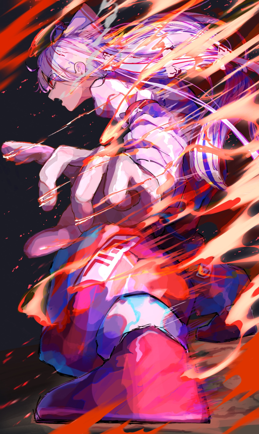 1girl baggy_pants bow breath eye_trail fire foreshortening from_side fujiwara_no_mokou full_body hair_between_eyes hair_bow highres light_particles light_trail long_hair long_sleeves looking_ahead ofuda ofuda_on_clothes open_mouth pants red_eyes red_footwear red_pants serious shirt shoes sleeve_garter solo standing touhou very_long_hair white_bow white_hair white_shirt yuara