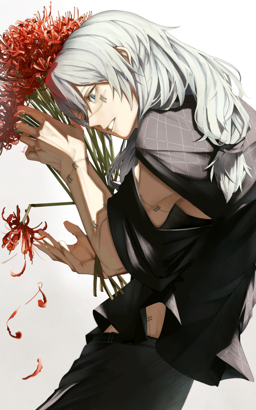 1boy absurdres air_(ai_r_) black_pants black_shirt blue_eyes falling_petals flower from_side gradient_background grey_hair hair_between_eyes heterochromia highres holding holding_flower jujutsu_kaisen long_hair looking_down mahito_(jujutsu_kaisen) male_focus pants parted_lips petals red_flower shirt short_sleeves simple_background solo spider_lily stitched_arm stitched_face stitched_torso stitches torn_sleeve white_background