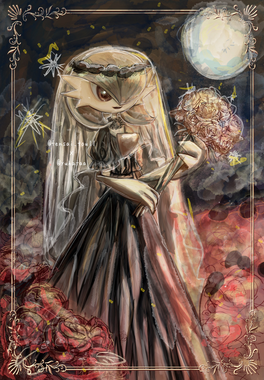 1girl artist_name black_dress black_flower black_rose black_sky bob_cut border bouquet bridal_veil bride clothed_pokemon colored_skin commentary_request detached_collar dress flat_chest flower full_moon gardevoir green_hair hair_over_one_eye hands_up happy head_wreath highres holding holding_bouquet long_dress moon night one_eye_covered open_mouth outdoors pokemon pokemon_(creature) red_eyes red_flower red_rose rose see-through short_hair short_sleeves signature sky smile solo standing tensaitou_tou twitter_username veil white_skin yellow_border yellow_flower yellow_rose