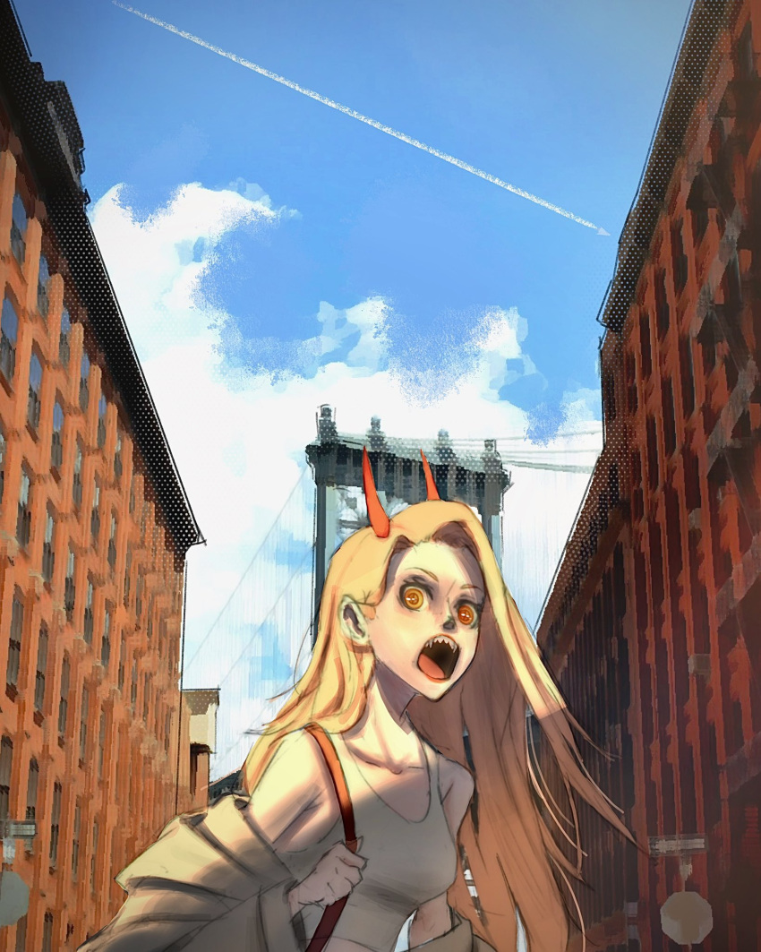 1girl blonde_hair breasts brooklyn_bridge chainsaw_man clouds collarbone contrail english_commentary grey_jacket hair_behind_ear highres horns jacket long_hair looking_at_viewer medium_breasts new_york off_shoulder open_mouth orange_eyes power_(chainsaw_man) procreate_(medium) shanesupro sharp_teeth sky solo tank_top teeth white_tank_top