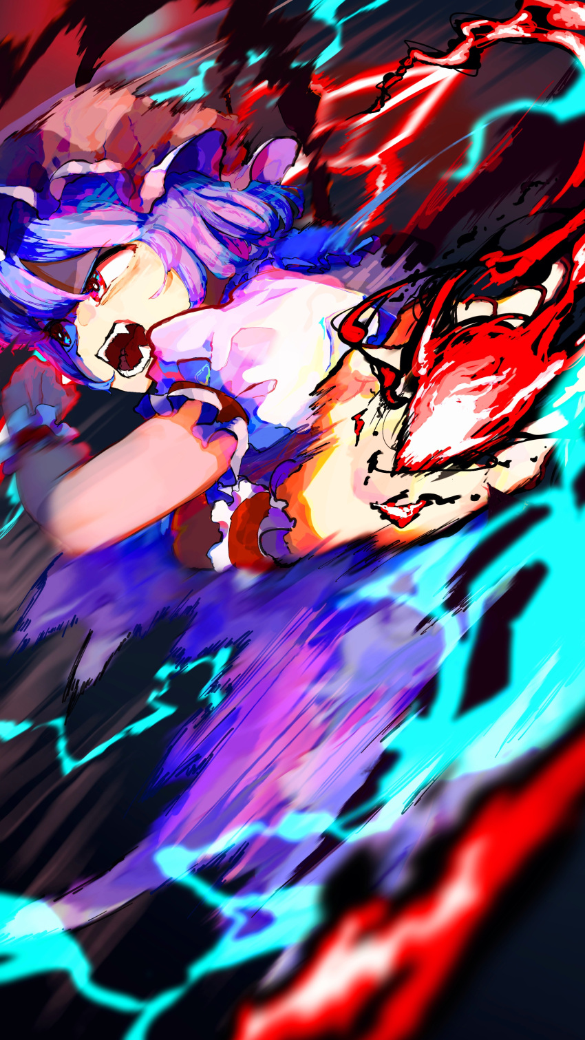 1girl absurdres electricity fangs hat highres holding holding_weapon looking_ahead magic mob_cap open_mouth pink_headwear puffy_short_sleeves puffy_sleeves purple_hair red_eyes remilia_scarlet sharp_teeth shirt short_hair short_sleeves shouting solo spear_the_gungnir speed_lines teeth touhou weapon white_shirt wrist_cuffs yuara