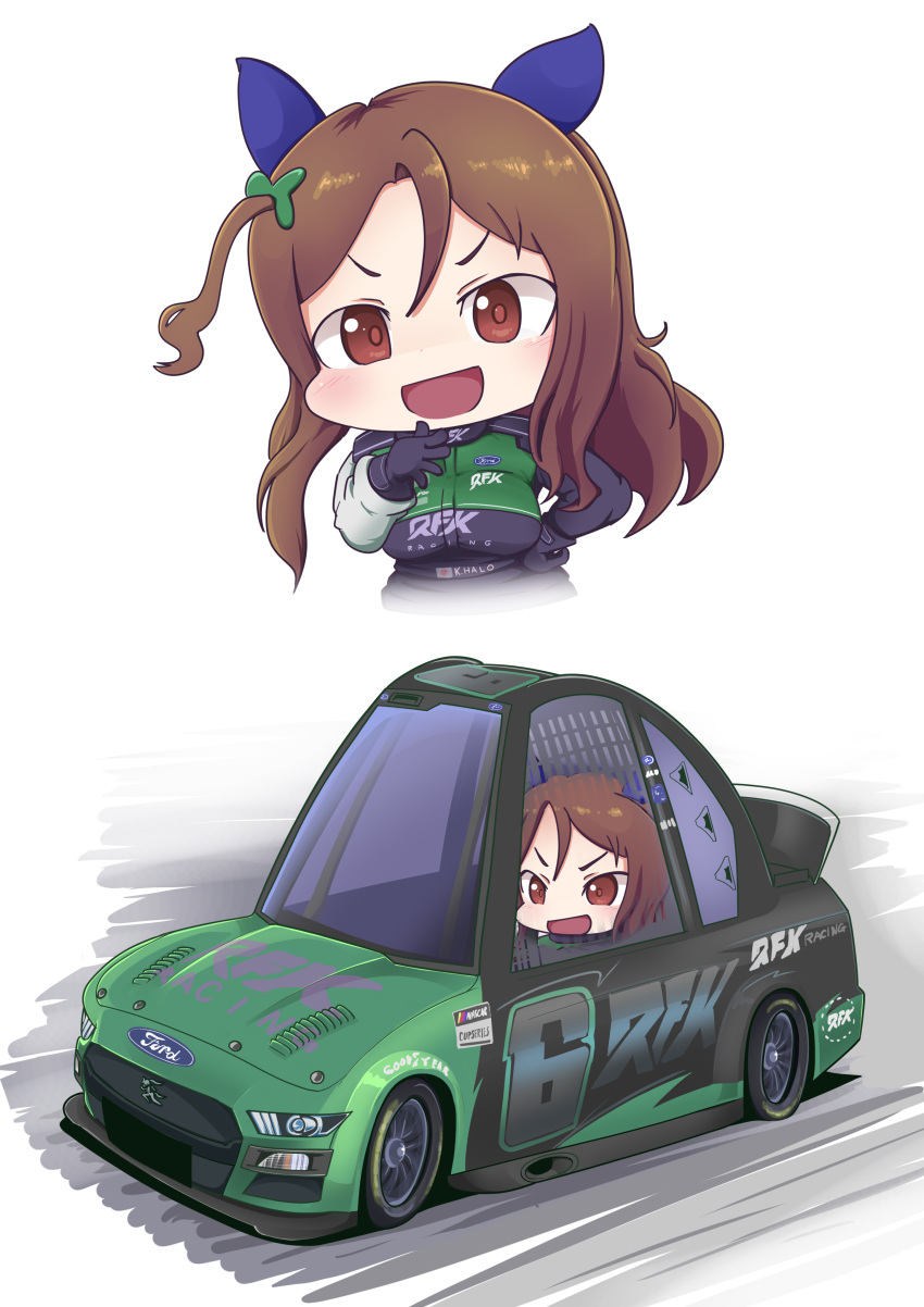 1girl absurdres black_gloves black_jumpsuit blush brown_eyes brown_hair car chibi crossover driving ear_covers ford ford_mustang gloves hand_on_own_chest highres jumpsuit king_halo_(umamusume) long_hair motor_vehicle nascar one_side_up race_vehicle racecar racing_suit sakusan_(ss-awesome) smile umamusume v-shaped_eyebrows vehicle_focus
