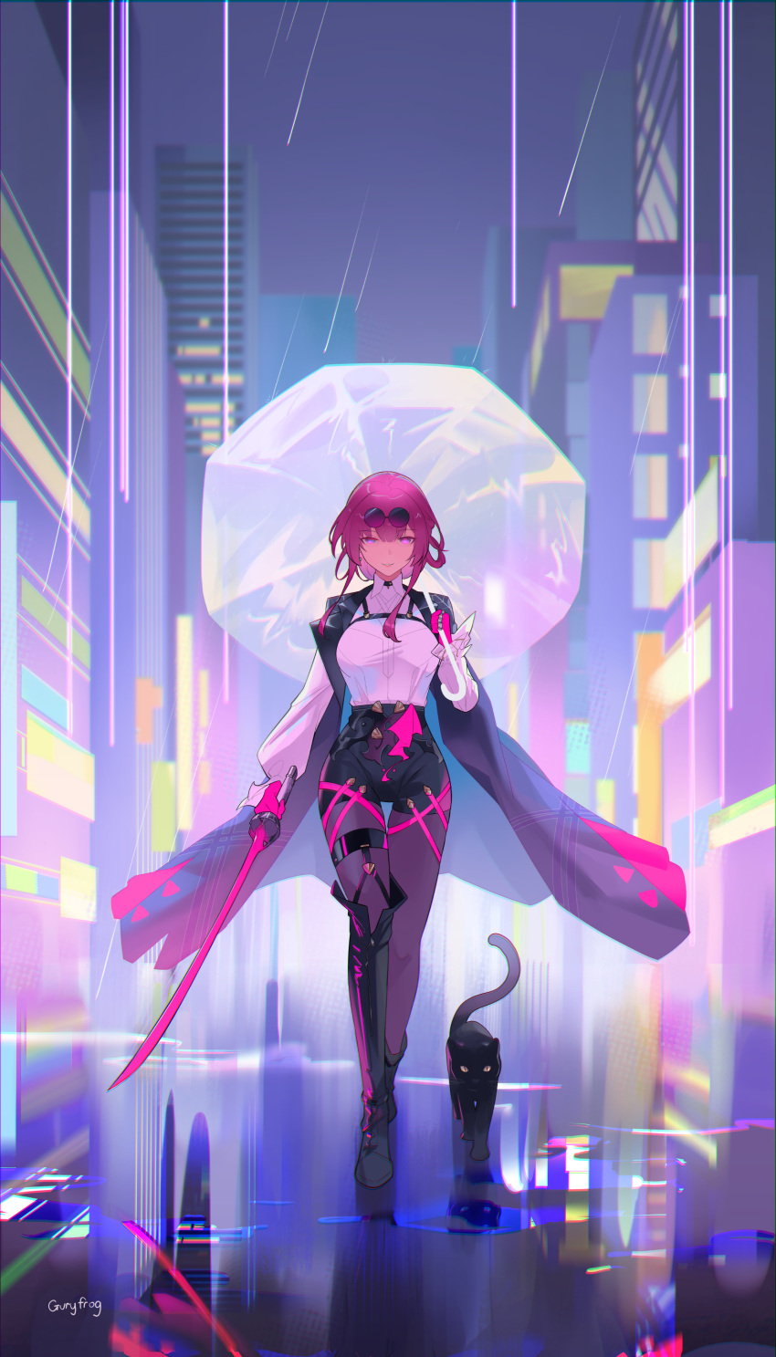 1girl absurdres artist_name black_cat black_footwear black_jacket black_shorts boots breasts cat chromatic_aberration city_lights cityscape collared_shirt crossed_bangs earrings english_commentary eyewear_on_head full_body gloves gyurii high-waist_shorts highres holding holding_sword holding_umbrella holding_weapon honkai:_star_rail honkai_(series) jacket jewelry kafka_(honkai:_star_rail) katana large_breasts long_hair long_sleeves looking_at_viewer pantyhose pantyhose_under_shorts parted_lips pink_gloves purple_hair purple_pantyhose rain ring round_eyewear shirt shorts single_thigh_boot smile solo sword thigh_boots umbrella violet_eyes walking weapon white_shirt white_umbrella