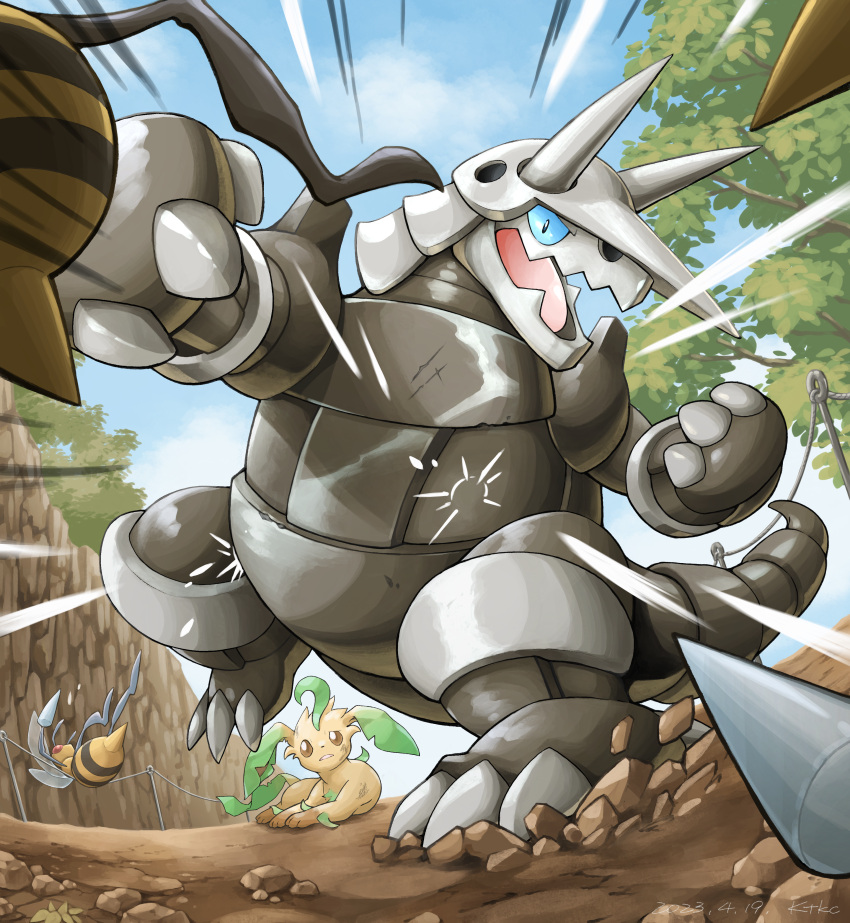 absurdres aggron artist_name beedrill blue_eyes blue_sclera blue_sky brown_eyes claws clouds colored_sclera commentary_request dated day dirt ears_down emphasis_lines fence highres horns katkichi leafeon looking_at_viewer no_humans open_mouth outdoors pokemon pokemon_(creature) protecting punching scratches sky tongue tree