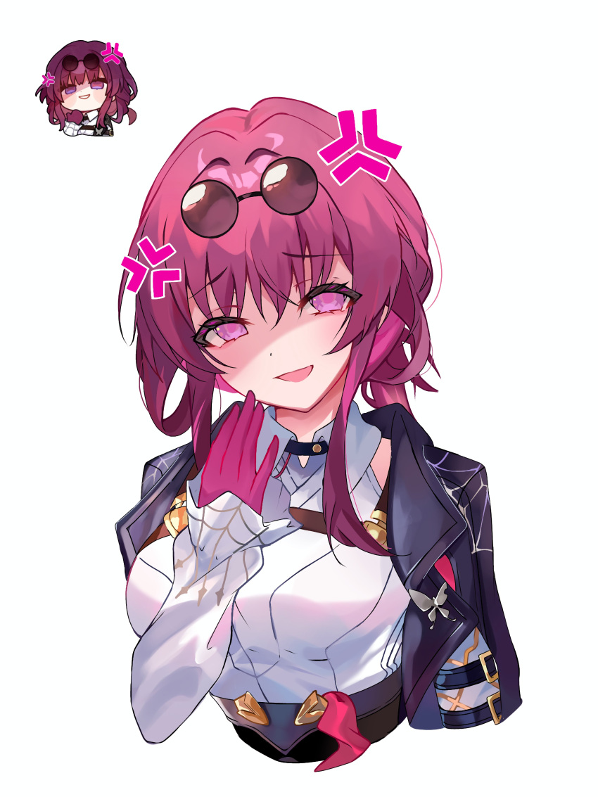 1girl absurdres anger_vein black_choker black_jacket blush blush_stickers breasts choker collared_jacket collared_shirt eyewear_on_head gloves hair_between_eyes hand_up highres honkai:_star_rail honkai:_star_rail_sticker_redraw_(meme) honkai_(series) jacket kafka_(honkai:_star_rail) kbnimated large_breasts long_sleeves looking_at_viewer meme open_clothes open_jacket open_mouth pink_eyes pink_gloves puffy_long_sleeves puffy_sleeves purple_hair round_eyewear shirt short_hair short_hair_with_long_locks sidelocks simple_background smile solo spider_web_print sunglasses teeth upper_body white_background white_shirt