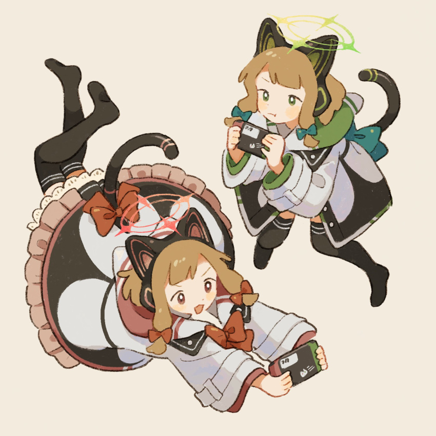 2girls :3 animal_ear_headphones animal_ears animal_hood black_jacket black_skirt black_thighhighs blonde_hair blue_archive blue_bow blunt_bangs blush bow brown_background cat_ear_headphones cat_hood cat_tail closed_mouth commentary_request fake_animal_ears fake_tail floating frown green_eyes hair_bow halo handheld_game_console headphones highres holding holding_handheld_game_console hood hood_down hooded_jacket jacket lace-trimmed_skirt lace_trim long_sleeves low_tied_sidelocks lying midori_(blue_archive) momoi_(blue_archive) multicolored_clothes multicolored_jacket multiple_girls multiple_hair_bows nintendo_switch no_shoes on_stomach open_mouth outstretched_arms pigeon-toed pout red_bow red_eyes short_hair siblings sidelocks simple_background sisters skirt smile tail thigh-highs toe_miyama v-shaped_eyebrows white_jacket