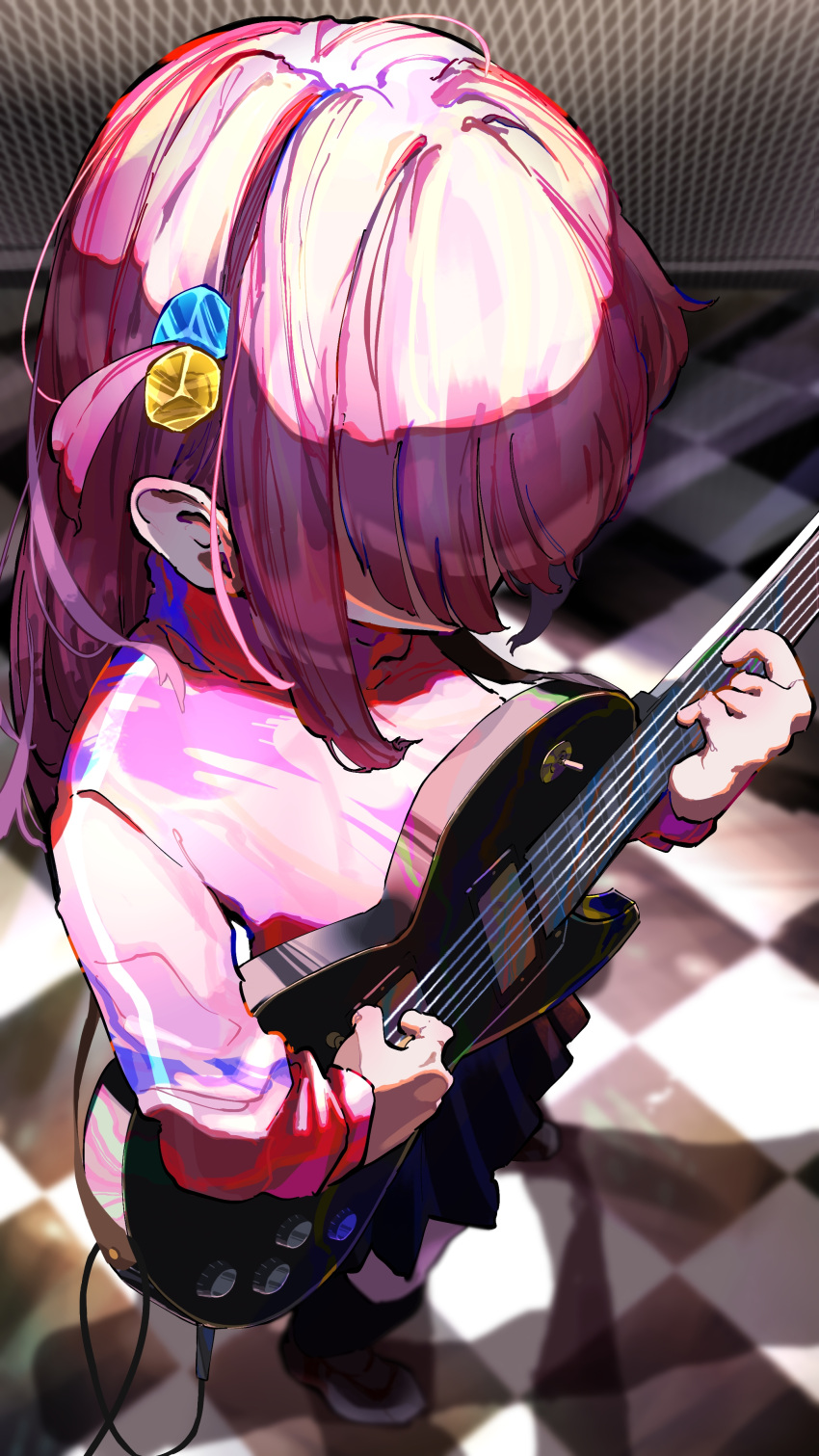 1girl absurdres blurry blurry_background bocchi_the_rock! checkered_floor covered_face cube_hair_ornament electric_guitar from_above gotoh_hitori guitar hair_ornament hair_over_eyes highres holding holding_instrument instrument jacket long_hair music one_side_up pink_hair pink_jacket playing_instrument solo standing track_jacket yuara