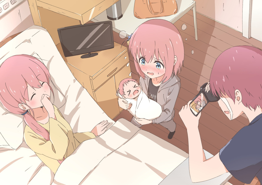 &gt;_&lt; 1boy 3girls aged_down baby bed birth blue_eyes blue_shirt blush bocchi_the_rock! camcorder closed_eyes crying family father_and_daughter gotoh_futari gotoh_hitori gotoh_michiyo gotoh_naoki grey_hoodie grey_pants highres holding_baby holding_camcorder hood hoodie husband_and_wife kaai_yuu long_hair lying mother_and_daughter multiple_girls nervous pants pink_hair purple_hair shirt short_hair siblings side_ponytail sisters streaming_tears tears television video_camera