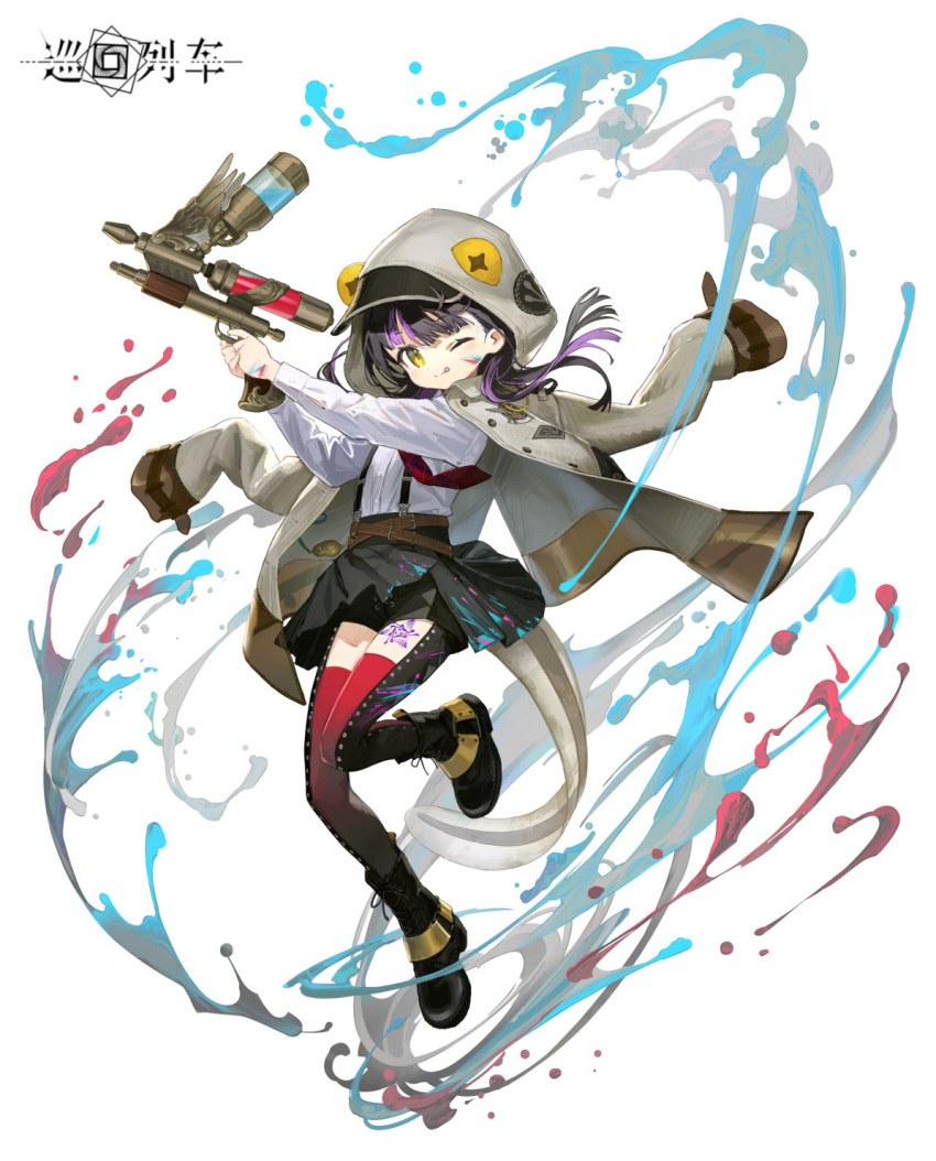 1girl ;q affinity_line black_footwear black_hair black_shorts black_skirt boots brown_coat coat coat_on_shoulders collared_shirt dress_shirt eleanor_(affinity_line) full_body gun hair_over_shoulder highres holding holding_gun holding_weapon hood hood_up hooded_coat long_hair long_sleeves miniskirt multicolored_hair necktie official_art one_eye_closed open_clothes open_coat plaid_necktie pleated_skirt purple_hair red_necktie red_thighhighs shirt sho_(sho_lwlw) short_shorts shorts shorts_under_skirt simple_background skirt solo streaked_hair suspender_skirt suspenders tachi-e thigh-highs tongue tongue_out weapon white_background white_shirt yellow_eyes