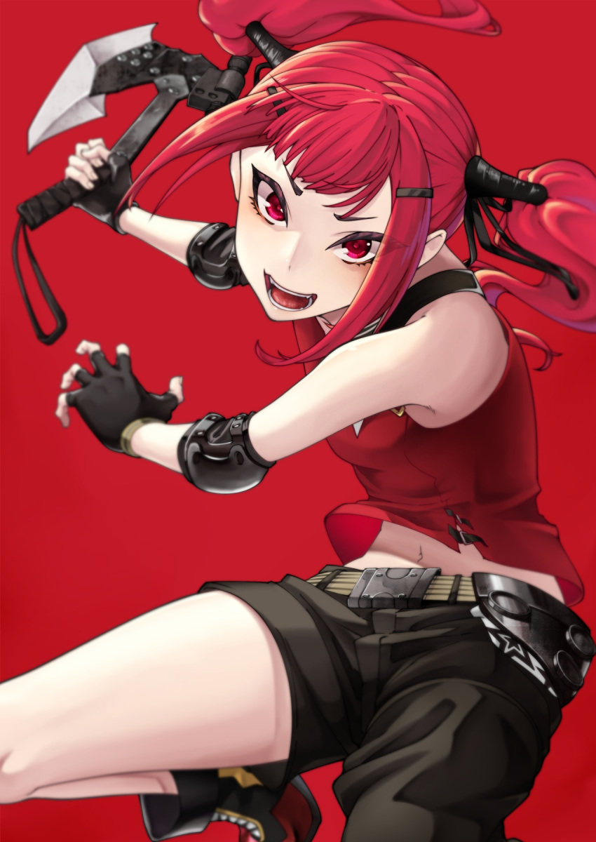 1girl axe belt_buckle blurry buckle cz75_(girls'_frontline) depth_of_field elbow_pads fingerless_gloves girls_frontline gloves hair_ornament hairclip highres holding holding_axe looking_at_viewer nakiusagi navel open_mouth red_background red_theme redhead shorts simple_background solo teeth tongue tsurime twintails weapon