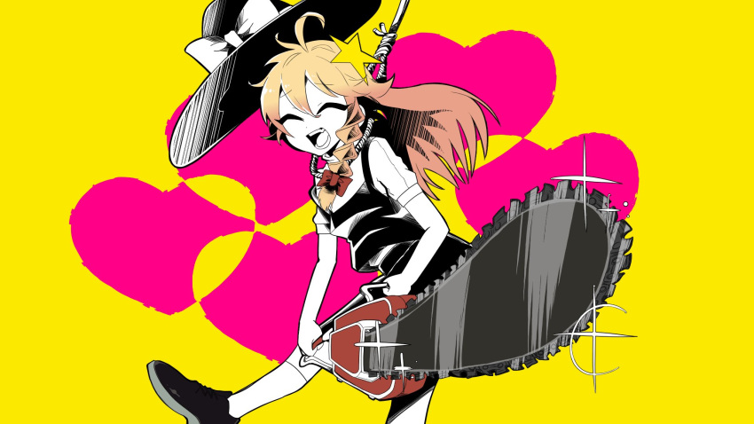 1girl ahoge black_footwear black_skirt black_vest blonde_hair bow chainsaw closed_eyes commentary_request cookie_(touhou) flat_chest foot_out_of_frame glint hair_between_eyes hair_bow hair_ornament hat hat_bow heart high_contrast highres holding holding_chainsaw kirisame_marisa medium_bangs memento_ajimori noose open_mouth parody_request red_bow simple_background skirt smile socks solo star_(symbol) star_hair_ornament suzu_(cookie) teeth touhou vest white_bow white_socks yellow_background
