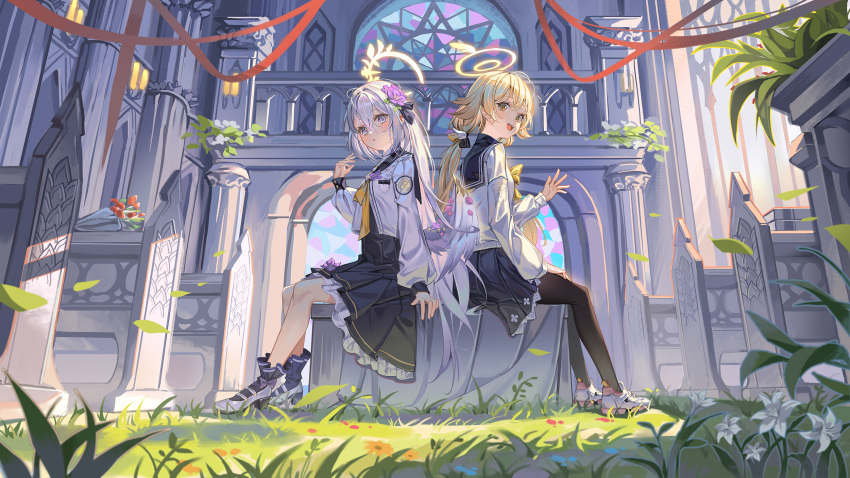 2girls :d al_guang azusa_(blue_archive) black_pantyhose black_sailor_collar black_skirt black_socks blonde_hair blue_archive bow bowtie church commentary_request crossed_bangs feathered_wings flower frilled_skirt frills from_side full_body grass grey_eyes hair_flower hair_ornament halo hifumi_(blue_archive) highres long_hair long_sleeves looking_at_viewer low_twintails low_wings multiple_girls neck_ribbon open_mouth pantyhose pleated_skirt purple_flower ribbon sailor_collar shirt shoes sitting skirt smile sneakers socks stained_glass twintails waving white_footwear white_hair white_shirt white_wings wing_ornament wings yellow_bow yellow_bowtie yellow_eyes yellow_ribbon