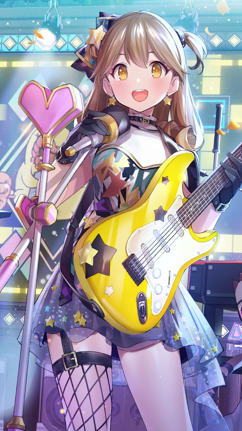 1girl :d black_gloves black_thighhighs blue_bow blue_dress bow brown_hair concert cowboy_shot dress earrings electric_guitar fishnet_thighhighs fishnets garter_straps girl_cafe_gun gloves guitar hair_bow highres holding holding_instrument holding_microphone_stand instrument jewelry layered_dress medium_hair microphone_stand music official_art one_side_up popqn screen short_dress singing single_garter_strap single_thighhigh smile solo speaker stage stage_lights star_(symbol) star_earrings star_print su_xiaozhen teeth thigh-highs upper_teeth_only yellow_eyes