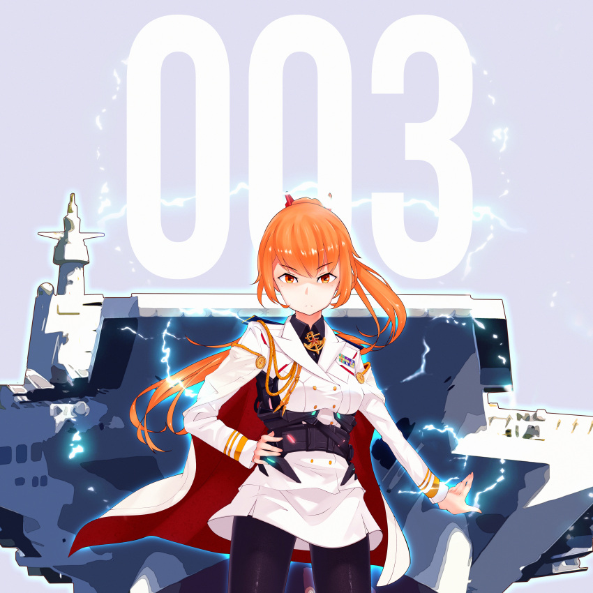 absurdres aiguillette aircraft_carrier black_leggings buttons china double-breasted epaulettes fujian_(aircraft_carrier) highres leggings lightning mecha_musume military military_uniform military_vehicle orange_hair original people's_liberation_army people's_liberation_army_navy personification ponytail ribbon_bar ship solo uniform warship watercraft wei_xin