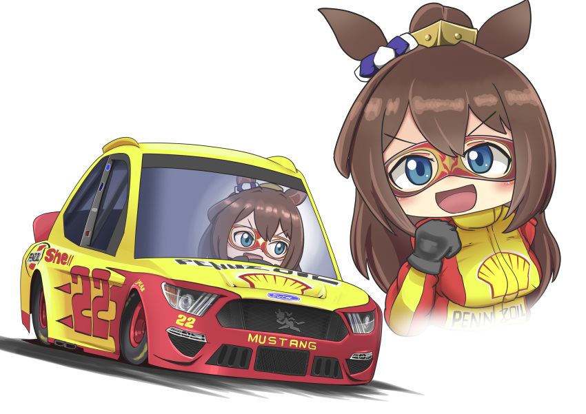 1girl absurdres animal_ears black_gloves blue_eyes breasts brown_hair car chibi clenched_hand crossover domino_mask driving el_condor_pasa_(umamusume) ford ford_mustang gloves highres horse_ears horse_girl jacket long_hair looking_at_viewer looking_to_the_side mask medium_breasts motor_vehicle nascar pennzoil race_vehicle racecar racing_suit red_jacket sakusan_(ss-awesome) scrunchie shell_(company) smile umamusume vehicle_focus white_background