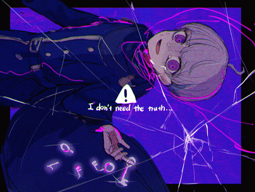 1boy belt blood blue_belt blue_cape blue_jacket cape commentary_request crack crying crying_with_eyes_open english_text highres jacket key long_sleeves looking_at_viewer male_focus master_detective_archives:_rain_code neochi_(totemoonemunano) open_mouth pink_blood purple_background purple_hair scared short_hair sign smile solo sweatdrop tears turn_pale violet_eyes warning_sign yuma_kokohead
