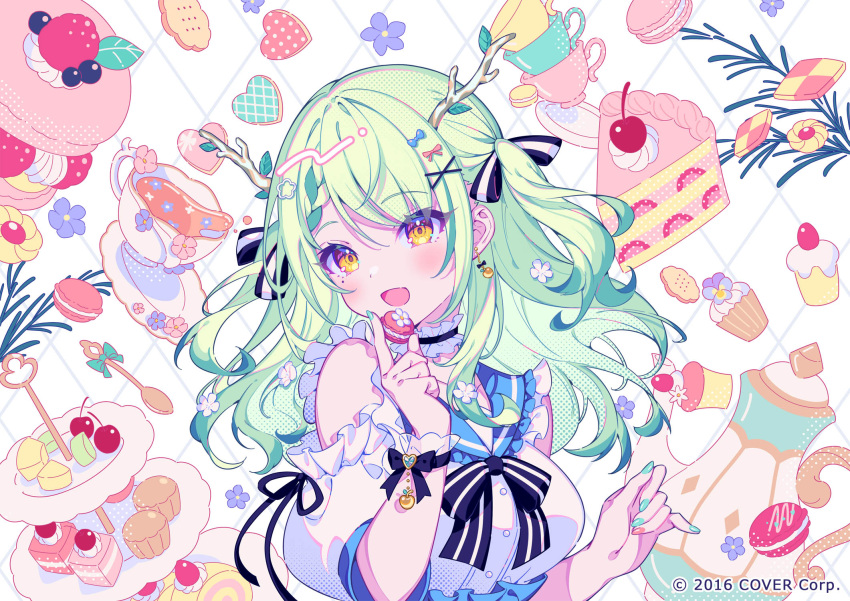 1girl :d antlers apple_earrings bare_shoulders blush breasts cake ceres_fauna cherry choker cookie cup dress earrings flower food food-themed_earrings fruit green_hair green_nails hair_flower hair_ornament hair_ribbon hands_up highres holding holding_food hololive hololive_english jewelry large_breasts long_hair looking_at_viewer macaron mole mole_under_eye nail_polish open_mouth raspberry ribbon smile solo strawberry_shortcake sweets tatejima_uri teacup teapot upper_body virtual_youtuber x_hair_ornament yellow_eyes