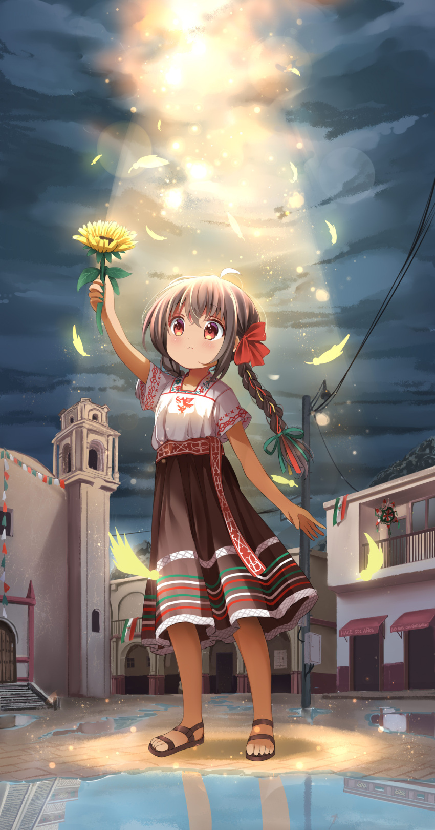 1girl absurdres ahoge arm_up aztec black_footwear black_hair blush bow braid brown_skirt building closed_mouth clouds cloudy_sky commentary_request dark-skinned_female dark_skin feathers flower hair_between_eyes hair_bow high-waist_skirt highres holding holding_flower long_hair low_twintails mexican_flag original outdoors power_lines puddle railing red_bow red_eyes reflection sandals shirt short_sleeves skirt sky solo standing stick_jitb sunflower sunlight twin_braids twintails utility_pole very_long_hair water white_shirt yellow_feathers yellow_flower