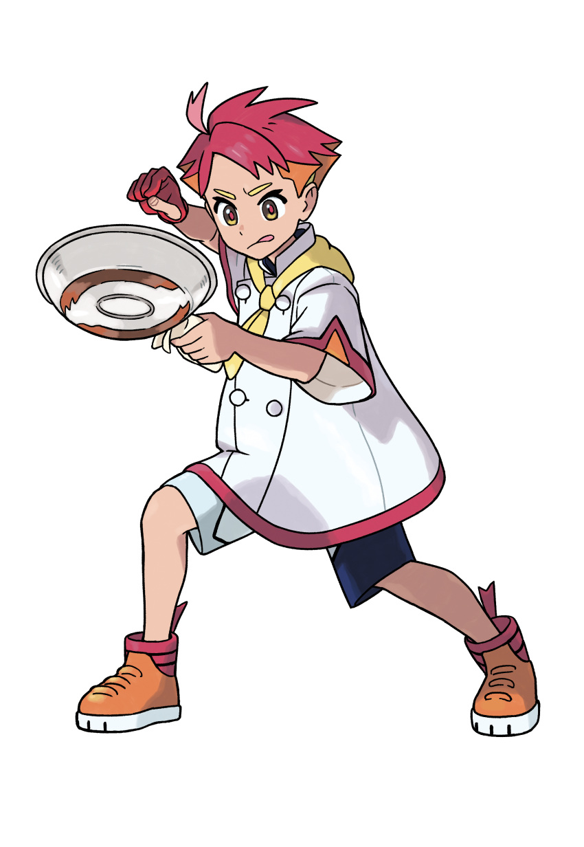 1boy absurdres ahoge arm_up artist_request buttons chef cooking crispin_(pokemon) double-breasted frying_pan full_body gloves hand_up highres holding holding_frying_pan jacket legs_apart licking_lips male_focus multicolored_clothes multicolored_hair multicolored_shorts neckerchief official_art orange_footwear orange_hair outline partially_fingerless_gloves pink_hair pokemon pokemon_(game) pokemon_sv red_gloves red_pupils redhead second-party_source shoes short_hair short_sleeves shorts simple_background single_glove solo standing tongue tongue_out transparent_background v-shaped_eyebrows white_jacket white_outline wide_sleeves yellow_eyes yellow_neckerchief
