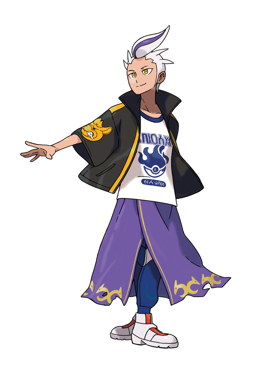 1boy absurdres arm_behind_back artist_request black_jacket blue_pants closed_mouth clothes_writing collarbone drayton_(pokemon) forehead full_body grey_hair happy highres jacket looking_to_the_side male_focus multicolored_hair official_art open_clothes open_jacket outline outstretched_arm pants pants_under_skirt poke_ball_symbol pokemon pokemon_(game) pokemon_sv purple_hair purple_skirt second-party_source shirt shoes short_hair short_sleeves simple_background skirt smile solo split_mouth standing streaked_hair transparent_background two-tone_hair white_footwear white_outline white_shirt yellow_eyes