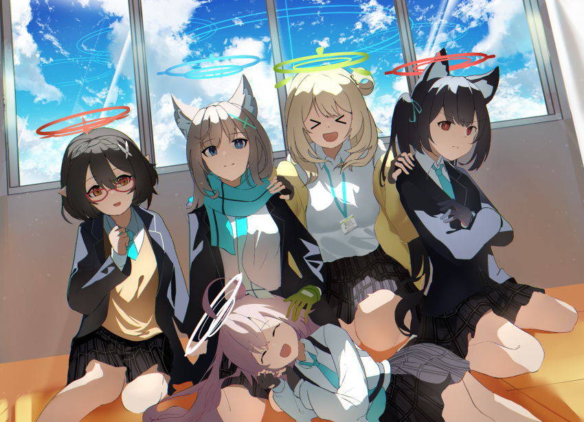 &gt;_&lt; 5girls absurdres animal_ears aqua_necktie ayane_(blue_archive) black_gloves black_skirt blonde_hair blue_archive blue_eyes blue_scarf blue_sky breasts cat_ears closed_eyes closed_mouth clouds cloudy_sky collared_shirt crossed_arms english_commentary facing_viewer fingerless_gloves foreclosure_task_force_(blue_archive) glasses gloves green_gloves green_halo grey_hair halo highres hoshino_(blue_archive) indoors jacket k.n.q large_breasts long_hair long_sleeves looking_at_viewer lying mismatched_pupils multiple_girls necktie nonomi_(blue_archive) on_back open_clothes open_jacket open_mouth pink_hair pink_halo plaid plaid_skirt pointy_ears red-framed_eyewear red_halo scarf serika_(blue_archive) shiroko_(blue_archive) shirt short_hair sitting skirt sky smile squatting tail twintails wariza white_shirt wolf_ears