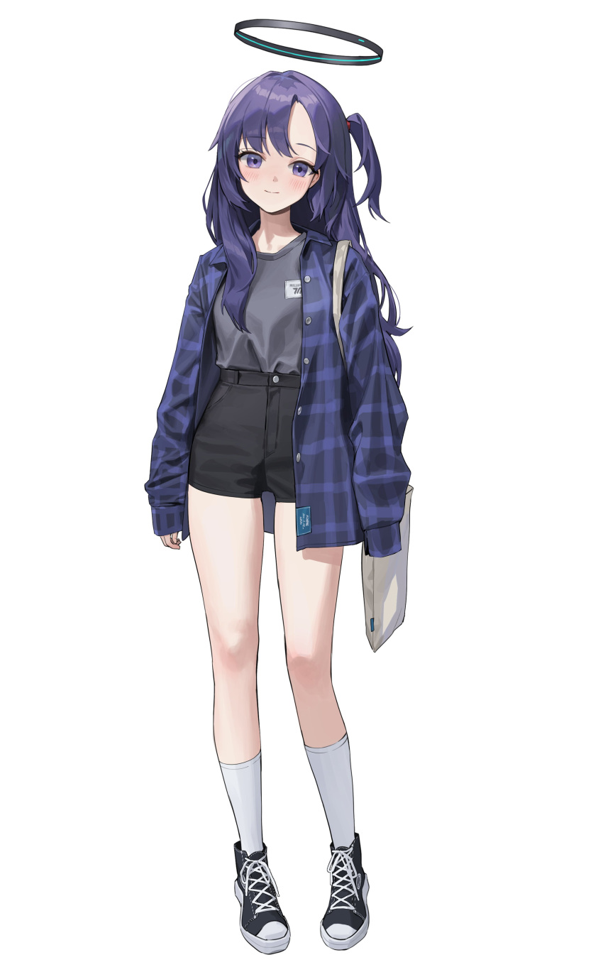 1girl absurdres alternate_costume alternate_hairstyle bag black_footwear black_jacket black_shorts blue_archive blue_jacket closed_mouth commentary cross-laced_footwear full_body grey_shirt halo highres jacket light_smile long_hair long_sleeves looking_at_viewer one_side_up open_clothes open_jacket purple_hair shirt shoes shorts shoulder_bag simple_background smile sneakers socks striped striped_jacket thighs violet_eyes white_background white_bag white_socks xi_xeong yuuka_(blue_archive)
