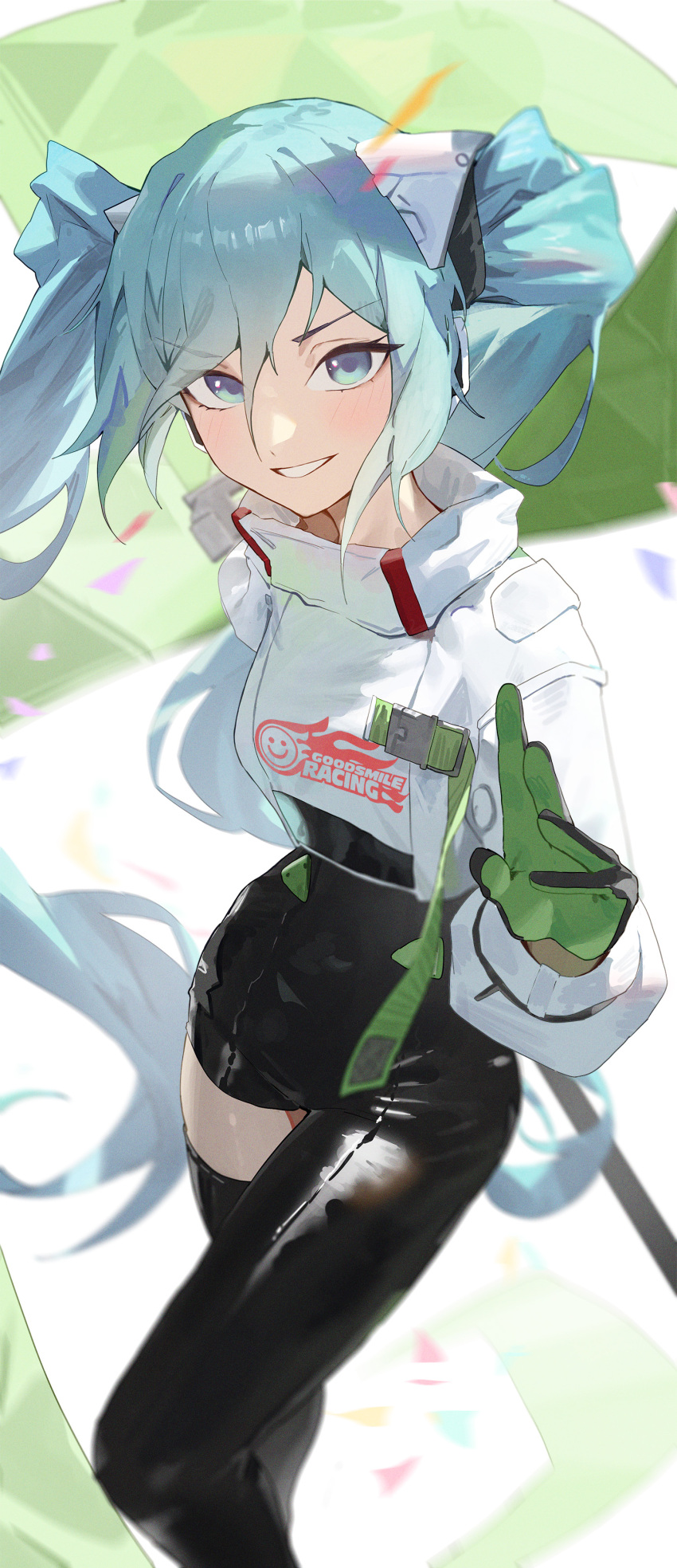 1girl absurdres aqua_eyes aqua_hair asymmetrical_bodysuit black_bodysuit black_gloves blurry bodysuit boots commentary covered_navel cropped_jacket depth_of_field feet_out_of_frame flagpole flame_print gloves green_flag green_gloves grin hand_up hatsune_miku highres holding holding_pole jacket kji_(rozo) long_hair long_sleeves looking_at_viewer pole racequeen racing_miku racing_miku_(2022) single_leg_bodysuit single_thigh_boot single_thighhigh smile smiley_face solo text_print thigh-highs thigh_boots twintails two-tone_gloves very_long_hair vocaloid white_jacket