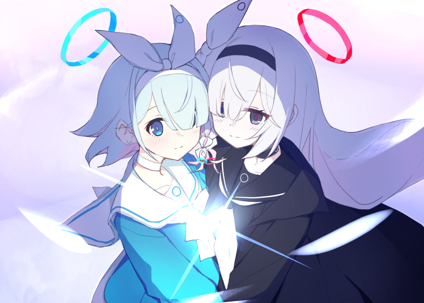 2girls absurdres arona_(blue_archive) black_choker black_coat black_eyes black_hairband black_sailor_collar black_shirt blue_archive blue_eyes blue_hair blue_halo blue_shirt braid choker closed_mouth coat colored_inner_hair commentary_request dice_choco hair_over_one_eye hair_ribbon hairband halo highres long_hair looking_at_object multicolored_hair multiple_girls neckerchief open_clothes open_coat pink_hair plana_(blue_archive) ribbon sailor_collar shirt short_hair side_braid white_choker white_hair white_neckerchief white_ribbon white_sailor_collar
