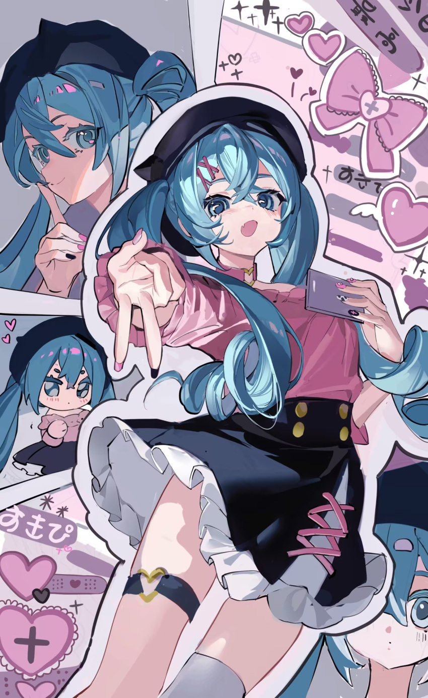 1girl absurdres bandaid beret black_headwear black_skirt black_straps blue_eyes blue_hair blush bow bowtie cellphone chibi choker cropped_legs crossed_bangs drill_hair finger_to_cheek frilled_skirt frills hair_between_eyes hair_ornament hairclip hat hatsune_miku heart heart_choker highres holding holding_phone multicolored_nails neonneon321 open_mouth over-kneehighs phone pink_bow pink_choker pink_shirt shirt single_over-kneehigh single_thighhigh skirt smartphone solo thigh-highs thigh_strap thighs twin_drills twintails v vocaloid white_thighhighs winged_heart
