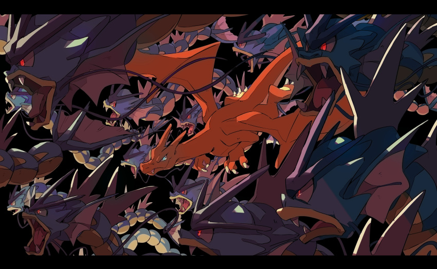 45_(maruyaki45) absurdres black_background blue_eyes charizard claws closed_mouth commentary_request fangs flying gyarados highres letterboxed looking_ahead no_humans open_mouth pokemon pokemon_(creature) red_eyes simple_background